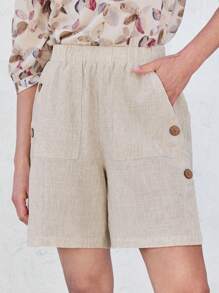 EMERY ROSE Short décontracté d''été pour femme avec poches avant et taille élastiquée, en tissu abricot - Nude - Voir 1