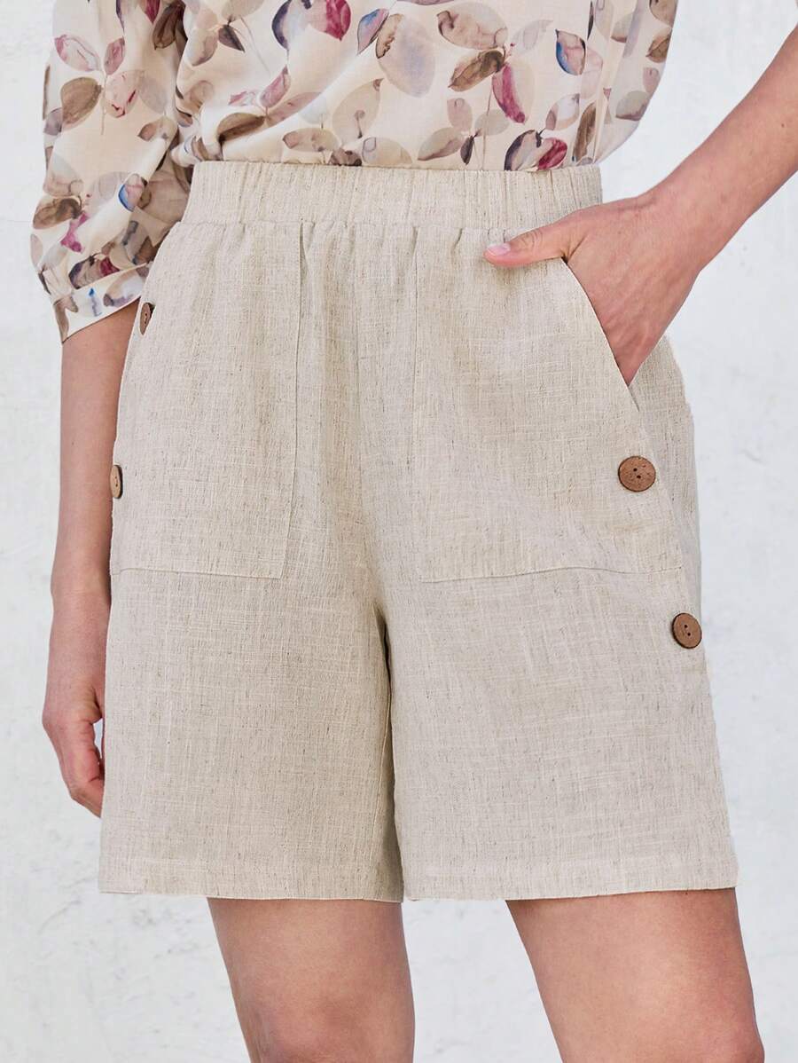 EMERY ROSE Short décontracté d''été pour femme avec poches avant et taille élastiquée, en tissu abricot - Nude - Voir 1