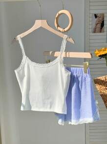 SHEIN Comfortcana 2pcs Women Summer Solid Color Lace Trim Cami & Striped Shorts Set - Blue - View 2