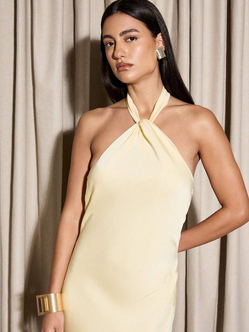 Elegant Halter Neck Maxi Dress With High-Shine Finish