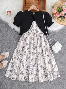 SHEIN 2 件套 女童宽松休闲花卉印花吊带背心裙和短袖开衫 - 黑與白 - 查看 2