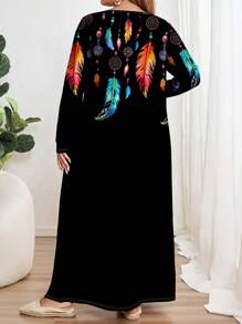 EMERY ROSE Plus Size Colorful Feather Printed Round Neck Long Sleeve Dress