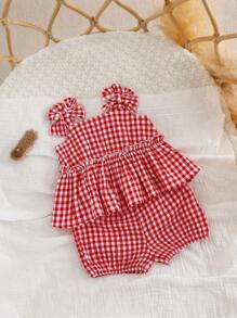 SHEIN Newborn Baby Girl 2pcs Cute Red Plaid Bow Camisole Top And Shorts Set, Summer - Red and White - View 1