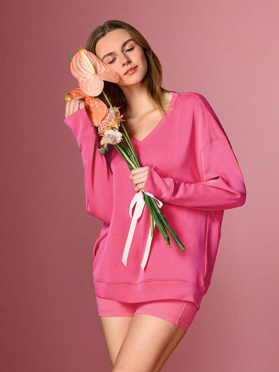 GLOWMODE Modal Silky Smooth Oversized V-Neck Hip Length Long Sleeve Sweatshirt With Thumbholes Valentine's Day Casual - Blush Crush - View 1