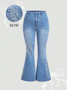 SHEIN MOD Plus Size Bowknot Elastic Skinny Flare Jeans, Blue Summer Vacation Woman 90s Spring For Women Y2k Cowgirl For Women Rave Spring Break Going Out Streetwear 2000s Style Rave Country Concert Festival For Women Gyaru Concert Women Easter Women Jeans - Blue - View 1