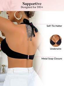 Swim DD+ Women's Solid Color Sexy Halter Bikini Top For Summer Beach Vacation - Black - View 2