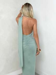 Firerie 大码女式露背纯色超长修身性感吊带连衣裙 - 綠色 - 查看 7