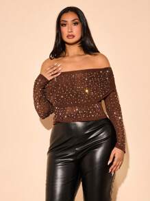 SHEIN BAE Parte superior de manga larga con decoración de strass transparente y sin tirantes, elegante y sexy para mujer de talla grande, ideal para fiestas y cumpleaños