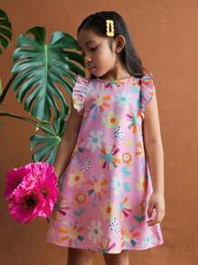 SHEIN Young Girl Pink Floral Ruffle Trim Casual Dress - Multicolor - View 1