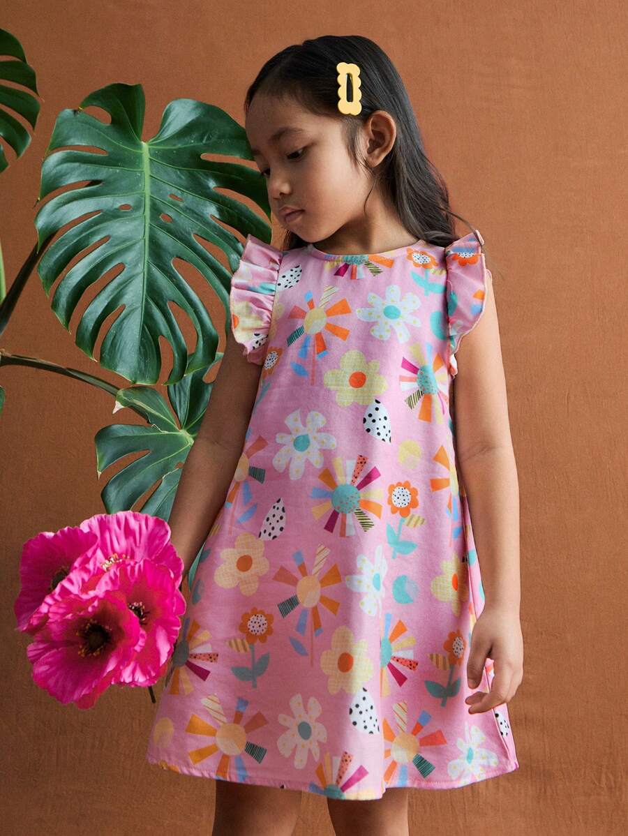SHEIN Young Girl Pink Floral Ruffle Trim Casual Dress - Multicolor - View 1