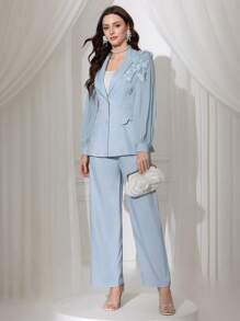 Modelyn 2pcs Women's Chiffon Pleat Bowknot Suit Jacket + Pants Set, Spring/Summer Fall Cloth For Women - Blue - View 4