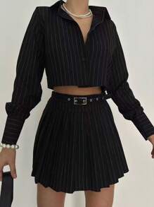 INAWLY Striped Print Crop Shirt & Pleated Skirt Fall Cloth For Women - Black - View 1