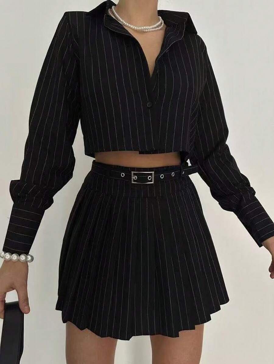 INAWLY Striped Print Crop Shirt & Pleated Skirt Fall Cloth For Women - Black - View 1