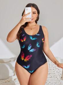 SHEIN Swim Curve Plus Size Women's One-Piece Butterfly Positioning Print Wide Strap Slimming And Concealing Leisure Vacation One-Piece Swimsuit, Summer Beach - Black - View 5