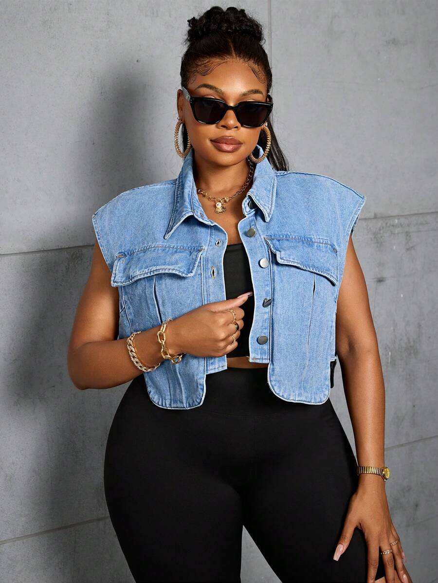 SHEIN SXY 大码女式单排扣短款休闲无袖牛仔上衣 - 藍色 - 查看 1