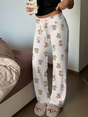 CovetEZ Teddy Bear Applique Drawstring Waist Wide Leg Yoga Pants, Suitable For Summer Suitable For Going Out Fall Clothes Winter Clothes