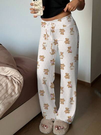SHEIN EZwear Teddy Bear Applique Dragsko i midjan Yogabyxor med vida ben, lämpliga för sommaren