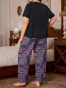 Trezura Plus Size Printed Short Sleeve & Long Pants Pajama Set
