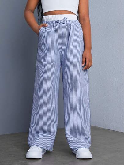 SHEIN Nova Glow Tween Girl Contrast Waist Simple Loose Casual Wide-Leg Trousers