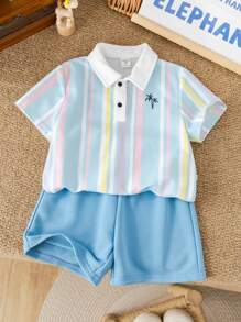 SHEIN Leap Crew 2pcs/Set Young Boys Casual Vacation Coconut Tree Striped Print Polo Shirt & Solid Blue Knit Shorts Set, Suitable For Kids Outfits, Young Boy Clothes, Back To School, Birthday Parties, Daily Wear, School, Travel, Sports, Spring/Summer Seasons - Multicolor - View 5