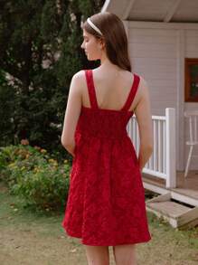 SHEIN Teen Girls Dress, Elegant Floral Strapless Texture Sleeveless Dress Red Dress, Suitable For Summer And Spring Wear, Suitable For Party And Vacation Occasions - Burgundy - View 2