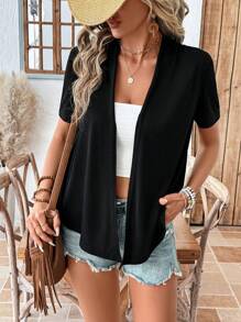 SHEIN LUNE Blusas básicas de manga corta de unicolor con bajo asimétrico para uso diario en primavera y verano para mujer - Negro - Ver 1