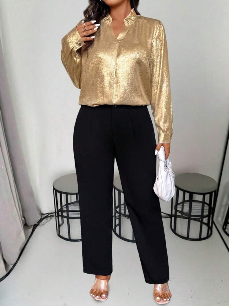SHEIN Clasi 大码女式 V 领荷叶边金属金色纽扣衬衫 - 金色 - 查看 6