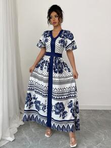 Chiquease Women's Elegant Blue Blue And White Porcelain Style Printed Long Dress Lotus Leaf Sleeve Short Sleeve Dress - Blue - View 5