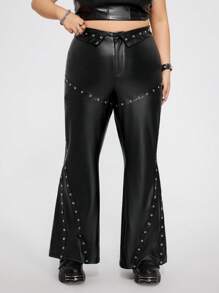 SHEIN ICON Pantalones acampanados de piel de poliuretano negra talla grande con estilo Y2k, pantalones acampanados con decoración de ojo de cerradura en la cintura plisada, estilo punk