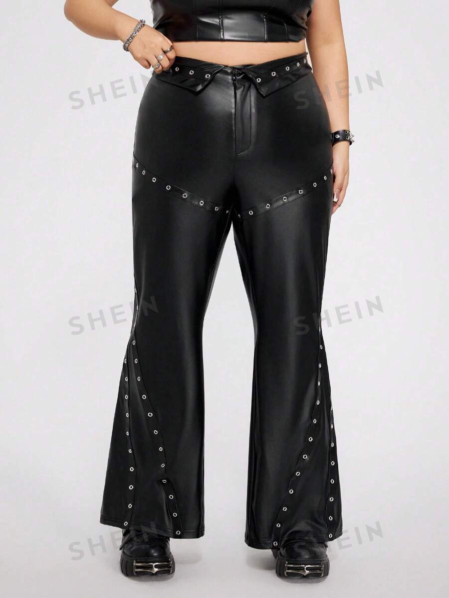SHEIN ICON Pantalones acampanados de piel de poliuretano negra talla grande con estilo Y2k, pantalones acampanados con decoración de ojo de cerradura en la cintura plisada, estilo punk