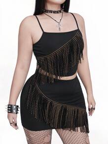 Whyspr Conjunto de 2 Peças Top e Mini Saia com Franjas em Malha Preta, Estilo Simples Oeste, para Mulheres Acima do Tamanho, Festival de Música e Férias, Primavera & Verão - Preto - Visão 5