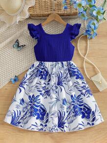 SHEIN Girls Elegant Floral Print Dress, Square Neck Double Layer Cap Sleeve Dress, Textured Fabric Lightweight And Flowy, Suitable For Vacation, Outdoor Party, Spring/Summer - Blue - View 2
