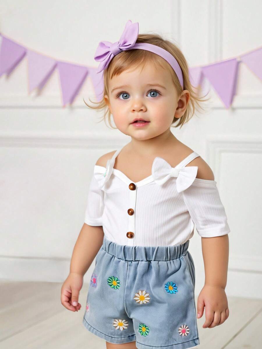 Baby Girl Summer New Fashion Off Shoulder Solid Ribbed Top + Embroidered Floral Denim Shorts Set - White - View 1