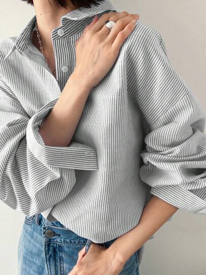 FRIFUL 女士条纹落肩长袖单排扣休闲衬衫