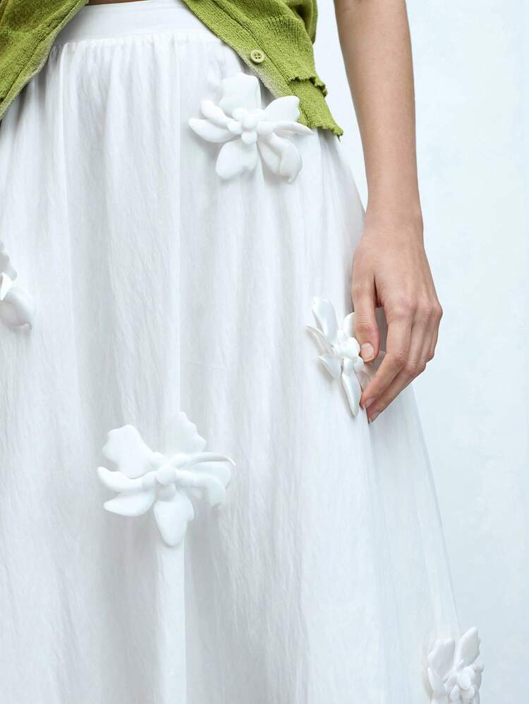 SHEIN Maija Women's Summer White Elastic Waist Fashionable Elegant Solid Color 3D Floral Decor Casual Vacation Daily Skirt Going Out Outfits