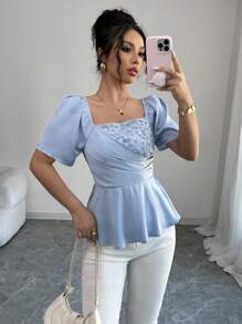 Elenzga Women's Elegant Beaded Detail Puff Sleeve Pleated Ruffle Hem Blouse - Blue - View 7