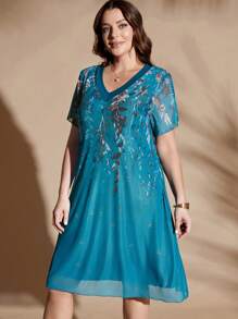 SHEIN Clasi Sukienka damska plus size z nadrukiem roślinnym i dekoltem w serek i krótkim rękawem - Zielony - Zobacz 4