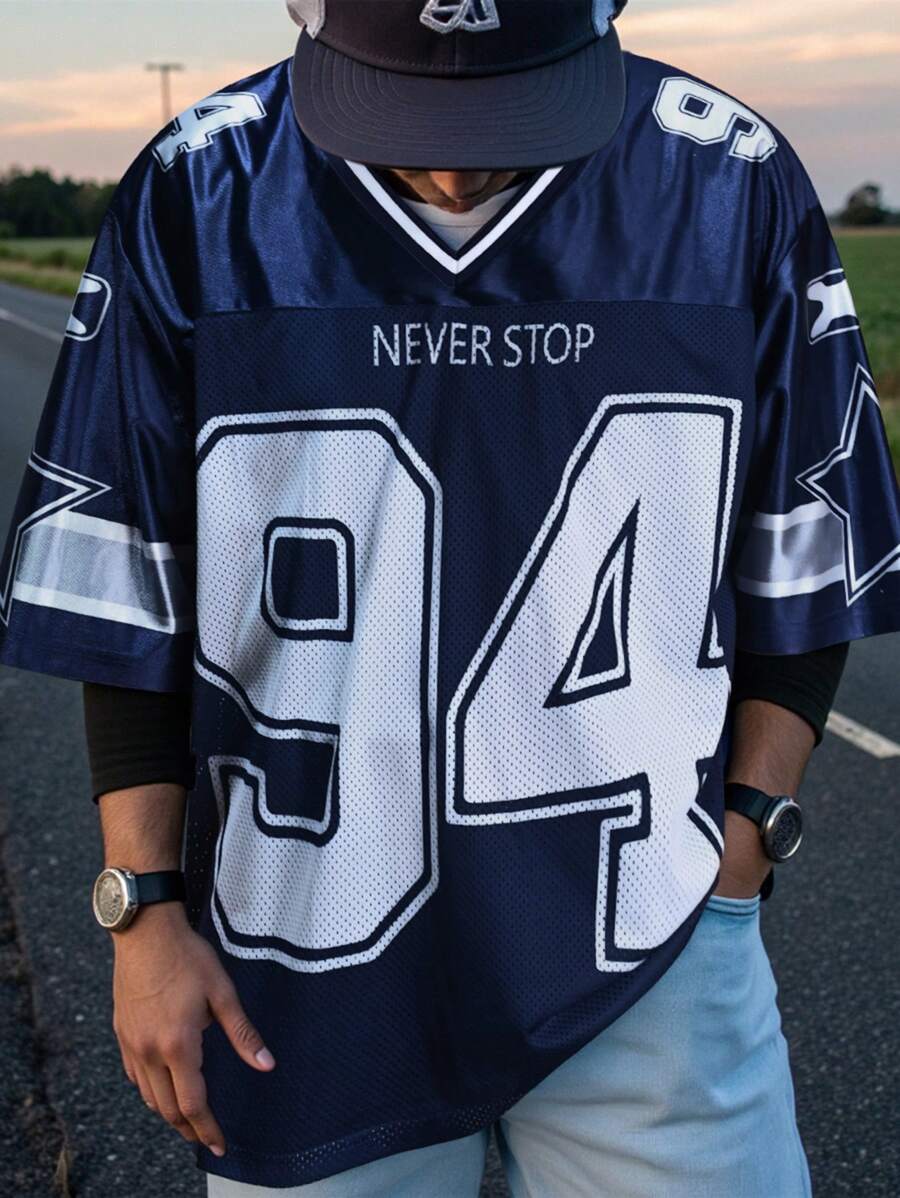 Manfinity EMRG Men's Solid Color Contrast V-Neck Short Sleeve Numeric Print Casual Basketball Jersey Style T-Shirt - Blue - View 1