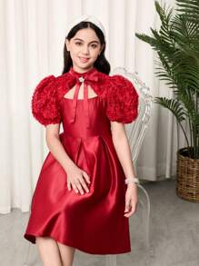 SHEIN 青少年女孩合身优雅镂空腰部喇叭形 A 字形连衣裙 - 紅色 - 查看 3