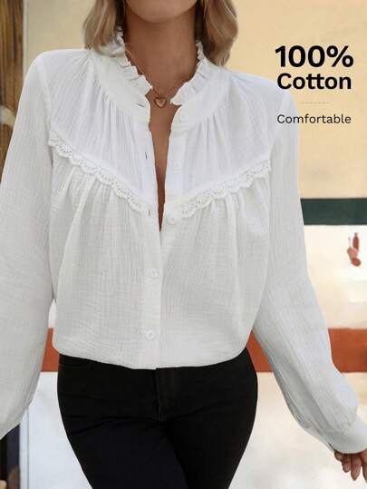 LanaWest Femme Vacances Nouvel An Saint Valentin Rouge, Rose, Blanc Dentelle Garniture Col, Col Volant Manches Longues Blouse Femme Chemise, Hauts à Manches Longues