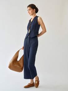 Uhlyne 2 件套女士编织全拉链无袖背心和直筒裤套装，办公室通勤时尚 - 藏蓝色 - 查看 6