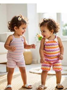 Cozy Pixies 4-Piece Set: Baby Girl Colorful Striped Knit Soft Camisole Top And Elastic Waist Shorts