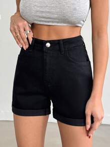 RueChic Women High Waisted Pocketed Casual Slim Fit Shorts, Everyday Wear - Black - View 6