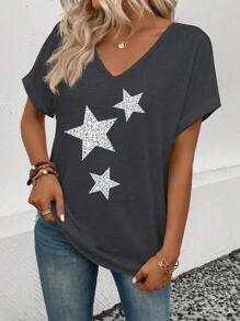 SHEIN Camiseta holgada y versátil de mujer con cuello en V, mangas vueltas y estampado de estrellas, para primavera y verano