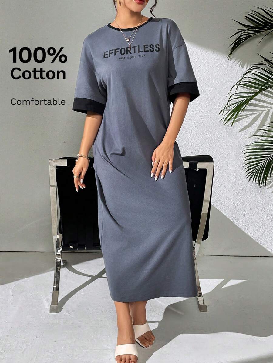 Seusyu 女士字母印花圆领落肩长款休闲 T 恤连衣裙，超长连衣裙，非常适合海滩/休闲/度假/家居服/运动/返校和日常休闲装