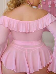 PetitDoll 2pcs/Set Plus Size Romantic Off Shoulder Mesh Splice Long Sleeve Pleated Sexy Nightgown - Pink - View 2