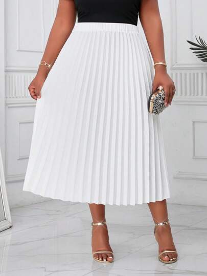 SHEIN Lady Spring And Summer Elegant Commuting Office Wedding Cocktail Party White Woven Pleated Midi Plus Size Skirts