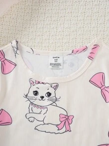 2 件套 女童杏色可爱小猫和蝴蝶结印花短袖短款上衣和短裤舒适家居服套装 - 杏色 - 查看 3