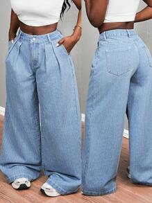 SHEIN Slayr Women's Casual Washed Striped Wide Leg Jeans - Blue - View 1