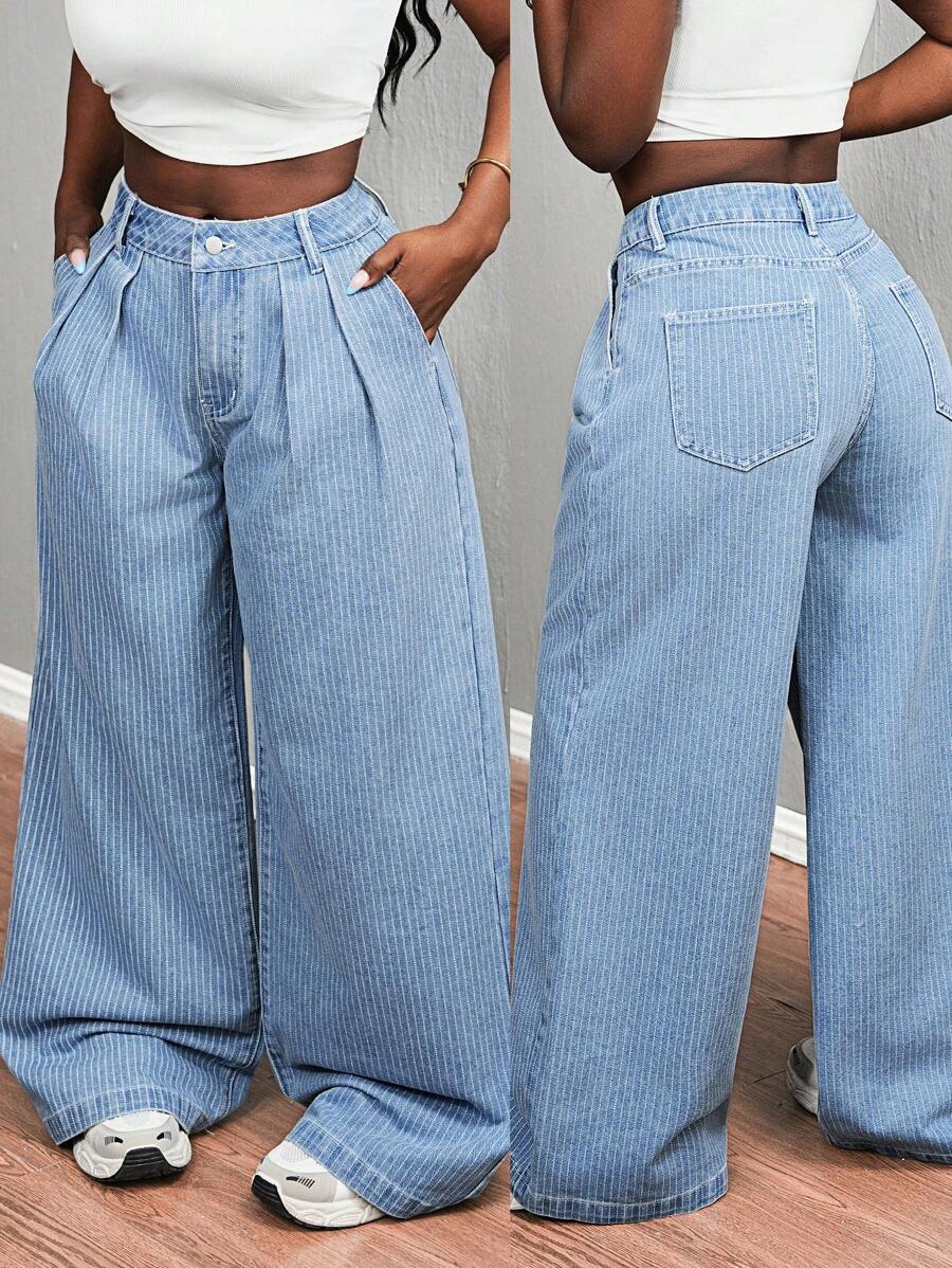 SHEIN Slayr Women's Casual Washed Striped Wide Leg Jeans - Blue - View 1